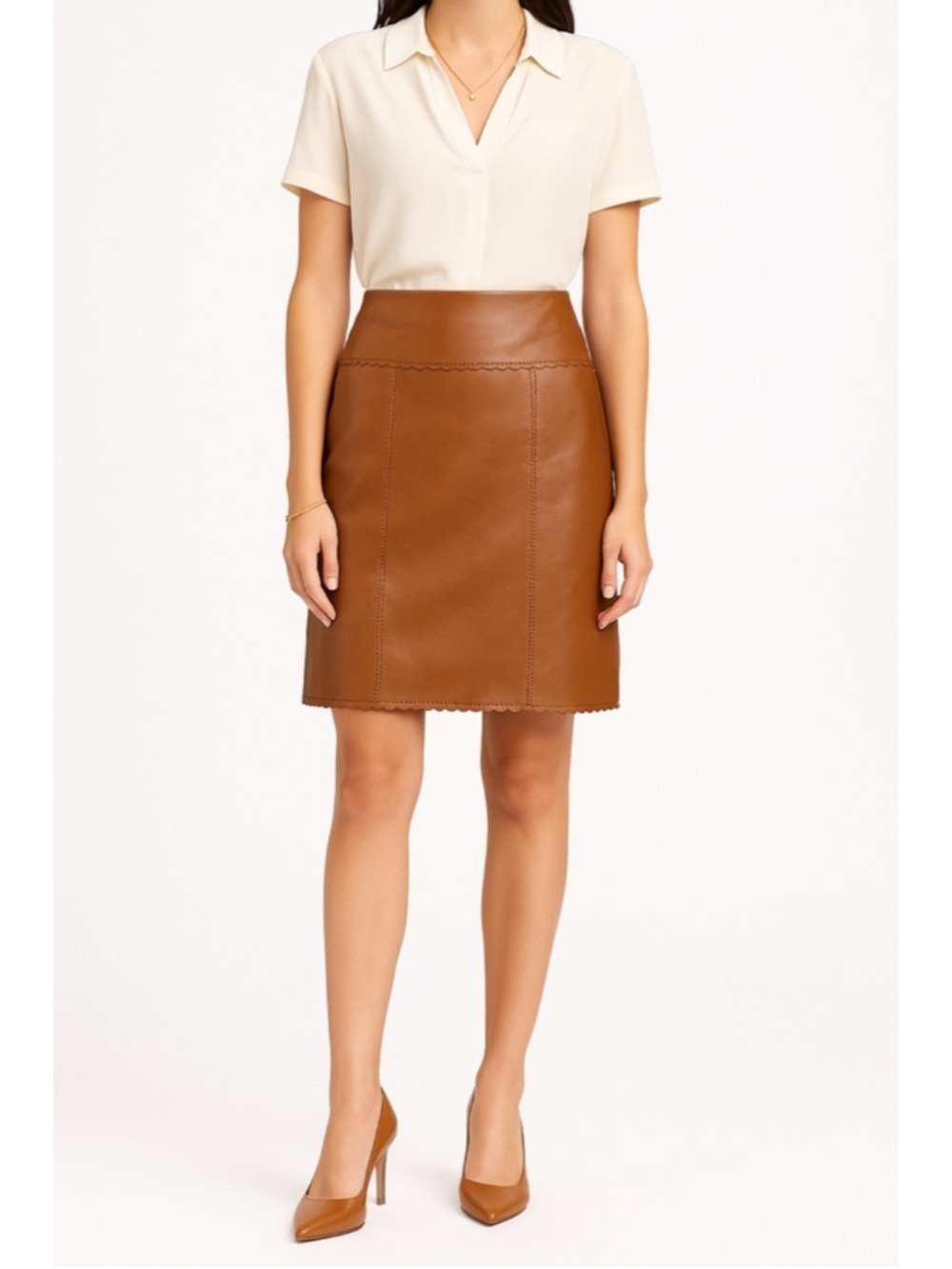 Danier Genuine Leather Skirt Brown Tan Buttery Soft Scalloped Hem, 27” Waist